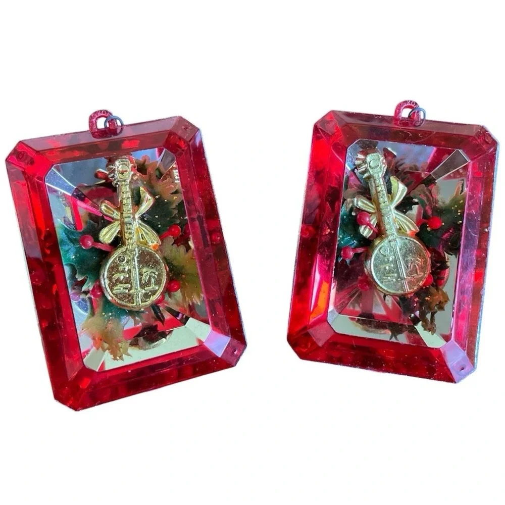 Vintage JewelBrite Diorama Christmas Ornaments Banjos Set of 4 Size 3